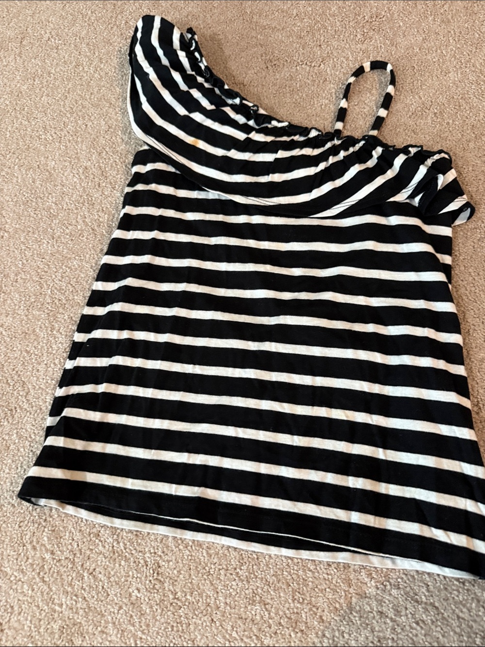 GAP Black and White One-Shoulder Ruffle Stripe Tank
